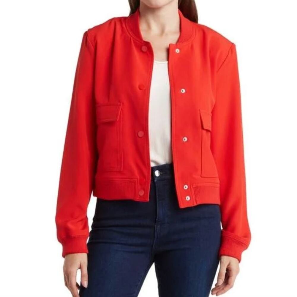 Rachel Roy bright red bomber jacket with pockets womens size L